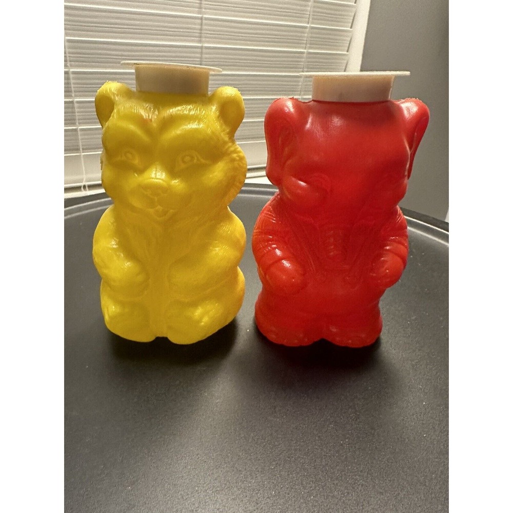 VTG Yellow Red Blow Molds Plastic Elephant Bear in Suspenders container